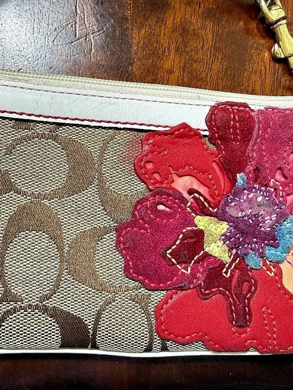 Coach Floral Logo Wristlet in Brown & Red